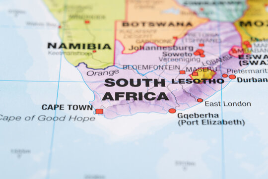 Close-up map of South Africa showing major cities and surrounding countries