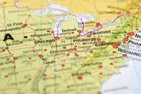 Close-up view of a map showing major cities in the Midwestern and Eastern United States
