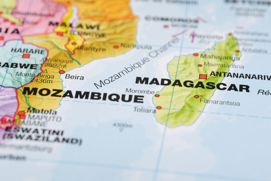 Map of Mozambique and Madagascar showing major cities and the Mozambique Channel