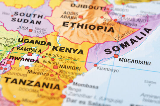 Map of East Africa showing Kenya, Somalia, Ethiopia, Uganda, Tanzania and Rwanda