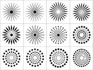 Radiant Symmetry: A captivating set of black circular bursts, each showcasing unique designs, offering a diverse array of radial patterns perfect for adding flair to any project.