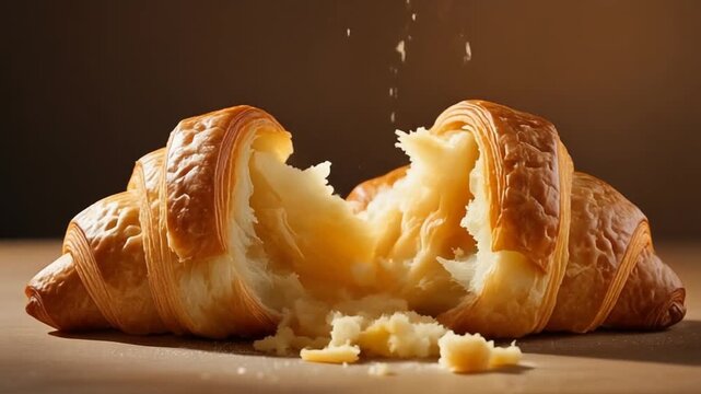 Golden Croissants with Flaky Layers Breaking Apart, Gentle Side Lighting