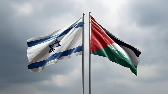 Israeli and Palestinian flags waving against soft cloudy sky