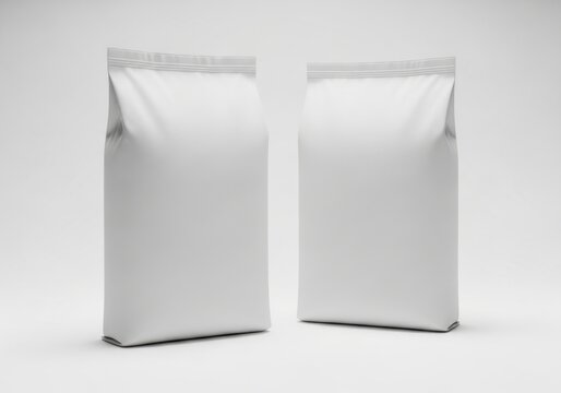Two Tall White Matte Rectangular Bulk Sacks Standing Side By Side With Shiny Silver Tops Against A Smooth Light Gray Studio Background With Soft Overhead Lighting Isolated White Background