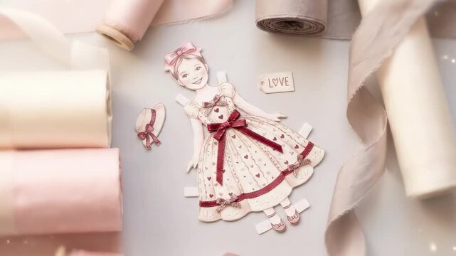 paper doll dress up. A beautifully crafted vintage paper doll adorned in a heart-patterned dress, surrounded by pastel rolls of fabric and a tiny hat, evoking nostalgia and creativity