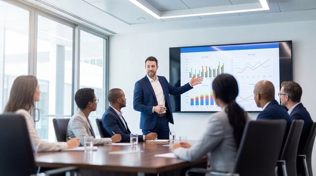 Businessman Presenting Data in Modern Boardroom