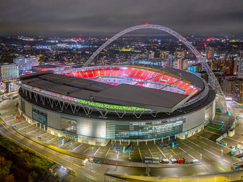 Wembley, North London, United Kingdom 11.27.2025 Aerial image of Wembley Stadium taken during nightfall. 27th November 2025