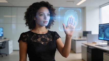 Woman in office with digital fingerprint scan