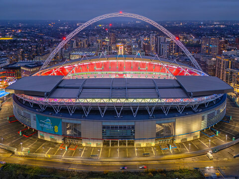 Wembley, North London, United Kingdom 11.27.2025 Aerial image of Wembley Stadium taken during nightfall. 27th November 2025