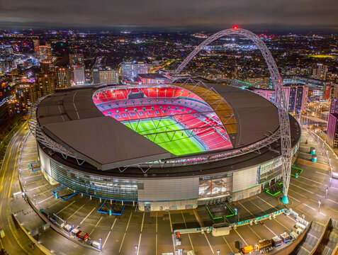 Wembley, North London, United Kingdom 11.27.2025 Aerial image of Wembley Stadium taken during nightfall. 27th November 2025