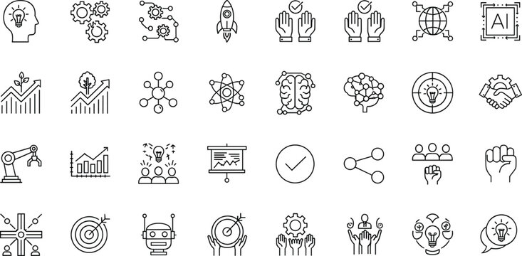 Artificial intelligence and innovation outline icon set with machine learning, automation, robotics and smart technology symbols isolated on white background vector collection