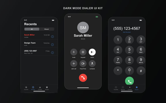 "A sophisticated and modern software interface for a digital dialer called 'DialFlow'. The design utilizes a sleek dark mode aesthetic with high-contrast elements. The layout features a numeric 