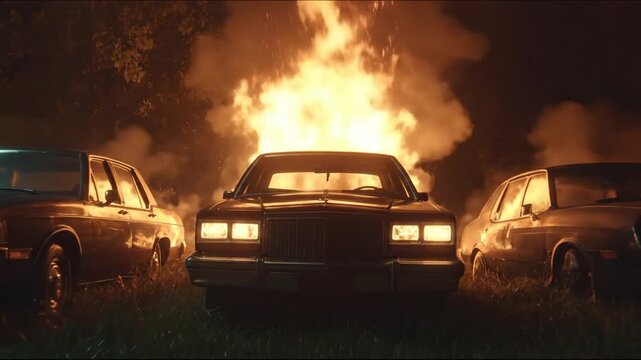 A vintage car surrounded by other vehicles is ablaze, with bright flames illuminating the scene