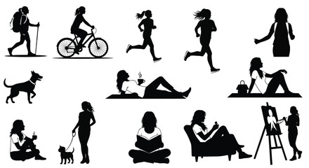Collection of black silhouettes depicting various women engaging in different activities like hiking running cycling relaxing and creating art on a white background