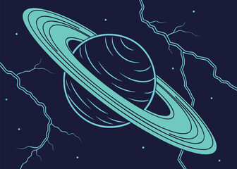 Saturn's Cosmic Embrace: A stylized depiction of Saturn, encircled by its iconic rings, is set against a dark, star-speckled expanse, with bolts of celestial lightning adding a dramatic touch.