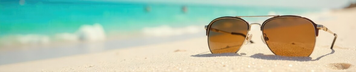 A pair of stylish sunglasses rests on a sunny beach, symbolizing togetherness and relaxation Perfect for summer, vacation, and friendship themes , golden, calm