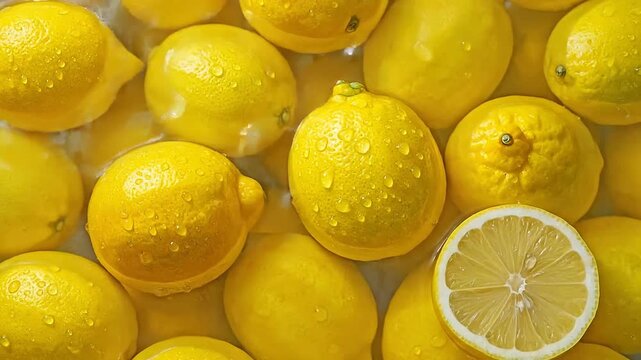Overhead shot shows fresh lemons covered in water droplets, creating a vibrant and refreshing image.