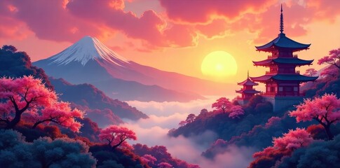 Vibrant sunrise over a stylized Eastern-inspired landscape, featuring pagodas, cherry blossoms, and misty mountains Perfect for travel, culture, or serenity themes , far east, peace