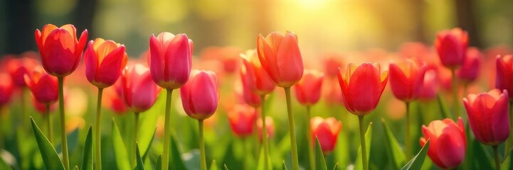 Vibrant tulips bursting forth in a lush spring meadow, bathed in the warm sunlight of a new season Perfect for spring themes, nature imagery, and seasonal celebrations , botany, purple, seasonal