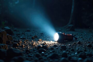 A powerful flashlight beam cuts through the darkness, illuminating dust motes and revealing texture in the night Perfect for concepts of exploration, mystery, and discovery , light, way, mystery