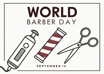 World Barber Day Illustration: A stylized graphic commemorates World Barber Day, showcasing essential barber tools: a clipper, a barber pole, and scissors.