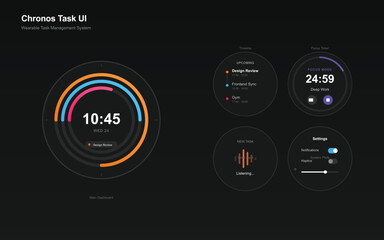 "A sleek and sophisticated dark-mode user interface for a wearable task management system. The design features vibrant neon accents against a deep charcoal background, exuding a high-tech, futuristic,