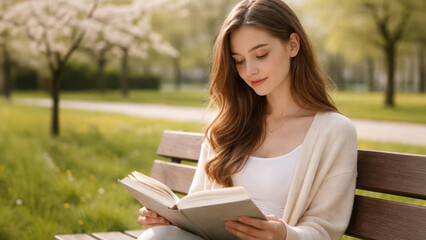 Young woman reading a book while sitting on a park bench during spring day, surrounded by blooming trees and peaceful green nature