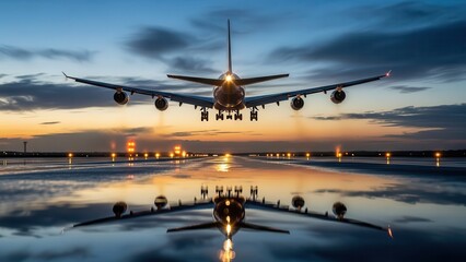 Obraz premium Widebody passenger airplane landing at dusk with runway lights and mirrored reflection on wet tarmac for travel banner or airline advertising