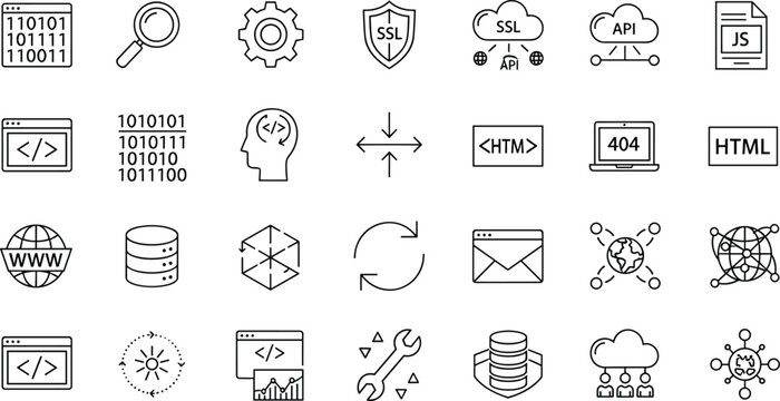 Web development and programming outline icon set with coding, cloud computing, API integration and cybersecurity symbols isolated on white background vector collection
