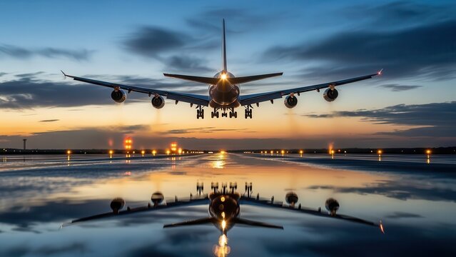 Widebody passenger airplane landing at dusk with runway lights and mirrored reflection on wet tarmac for travel banner or airline advertising