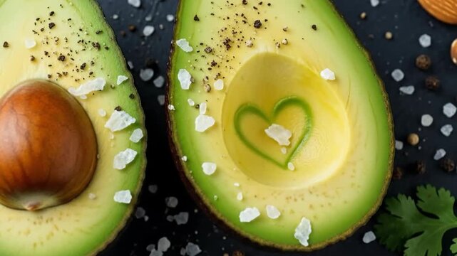 Two avocado halves are displayed on a dark surface, one with a heart shape carved inside, creating a healthy food