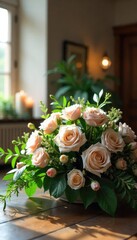 A somber yet peaceful scene depicting a simple, tasteful funeral service setup, focusing on the details of the arrangement , solemn, church, gravestone