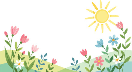 Colorful spring flowers with sunshine and greenery in background  