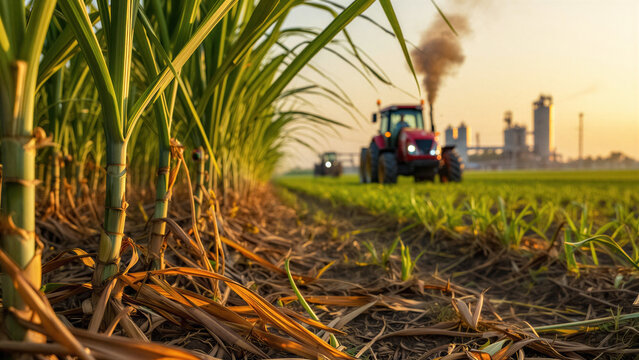 Sugarcane field with harvesting tractors and biofuel plant in background, sustainable agriculture and renewable energy production, sugar crop farming for bioethanol and biogas generation at sunset