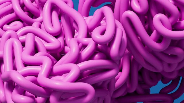 Abstract movement of pink tubular wormlike shapes in motion against blue background