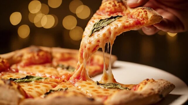 Hand taking slice of Margherita pizza.