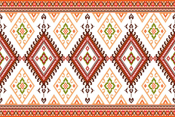 Intricate Thai traditional fabric pattern featuring "Lai Thai" diamond motifs in earthy red and orange tones. Authentic Southeast Asian ethnic textile design.