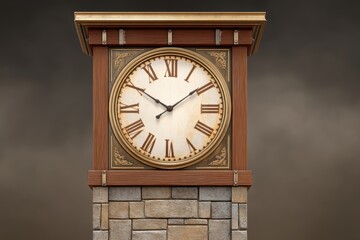 Clock on stone wall close up of a clock face mounted on a textured stone wall showing time