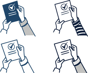 Assessment Approval: A hand holding a document with a check mark, representing approval, validation, and confirmation, often associated with tasks, concepts and choices.