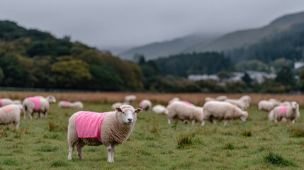Obraz premium Flock of sheep grazing in lush green field, wearing bright pink vests. landscape features rolling hills and cloudy sky, creating serene and picturesque rural scene