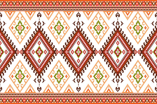 Intricate Thai traditional fabric pattern featuring "Lai Thai" diamond motifs in earthy red and orange tones. Authentic Southeast Asian ethnic textile design.