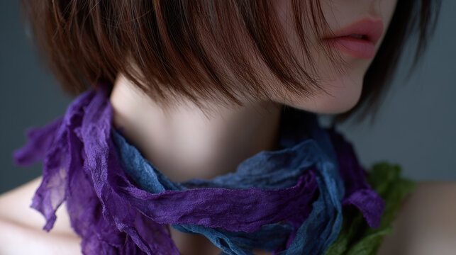 Soft velvet fabric drapes around neck, blending colors of purple and blue, creating delicate and artistic look. short hair frames face beautifully, enhancing overall elegance