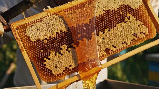 Beekeeper Harvesting Honey from Honeycomb Frame with Knife