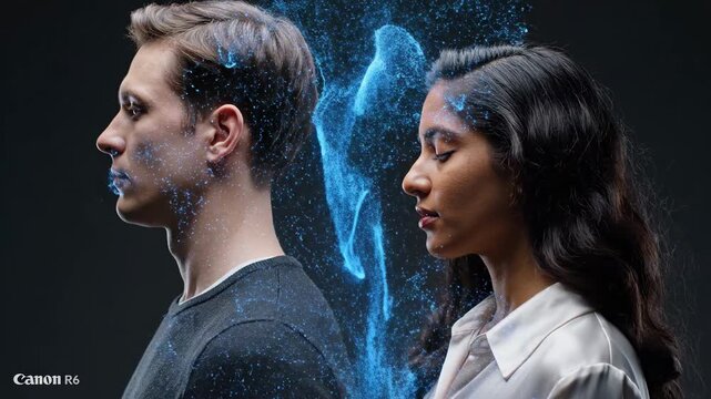 Two individuals, a man and a woman, are shown in profile, facing away from each other. Glowing blue particles flow from their minds and bodies, symbolizing digital connections and