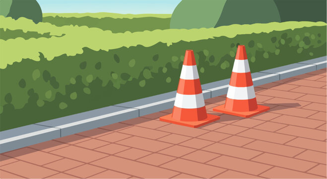 Two orange and white traffic cones stand on a brick walkway near a hedge