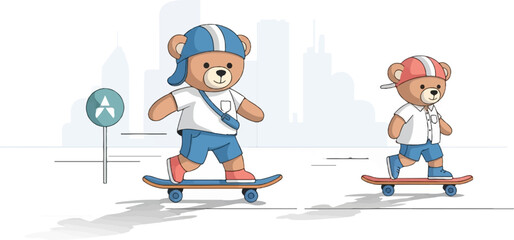 Fototapeta premium Two cartoon bears skateboarding down a street in a city