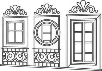 Window design line art : This image showcases the charm of classic architectural detailing, illustrating windows that invite a sense of history and style.