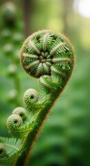 Close-up of unfurling fern frond in natural setting with vivid green colors and intricate patterns