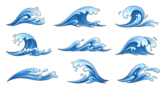 A diverse collection of dynamic cartoon ocean waves, rendered in vibrant blues with frothy white foam and splashing water, showcasing the powerful and fluid movement of water