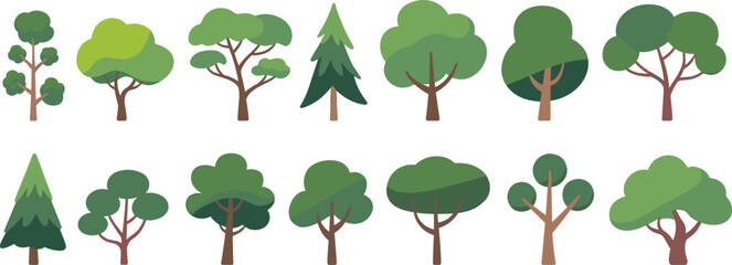 Stylized green tree illustration set, modern flat forest trees collection, nature landscape elements, eco friendly vector design